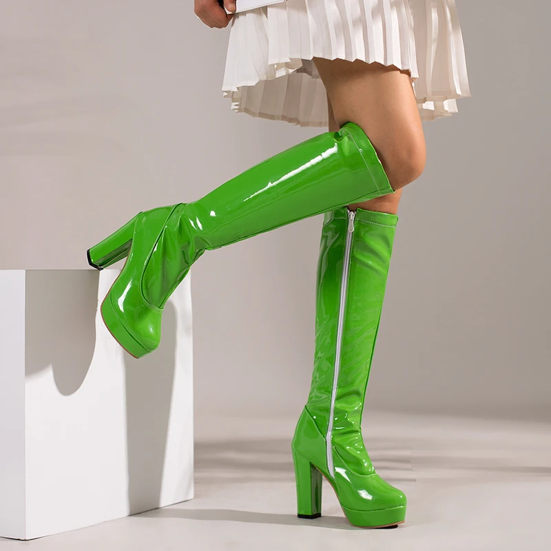 Knee High Boots Women 2024 Patent Leather Tall Boots Chunky Thick Heels Platform Shoes 11cm Zip Candy Colours Pumps Botas Mujer