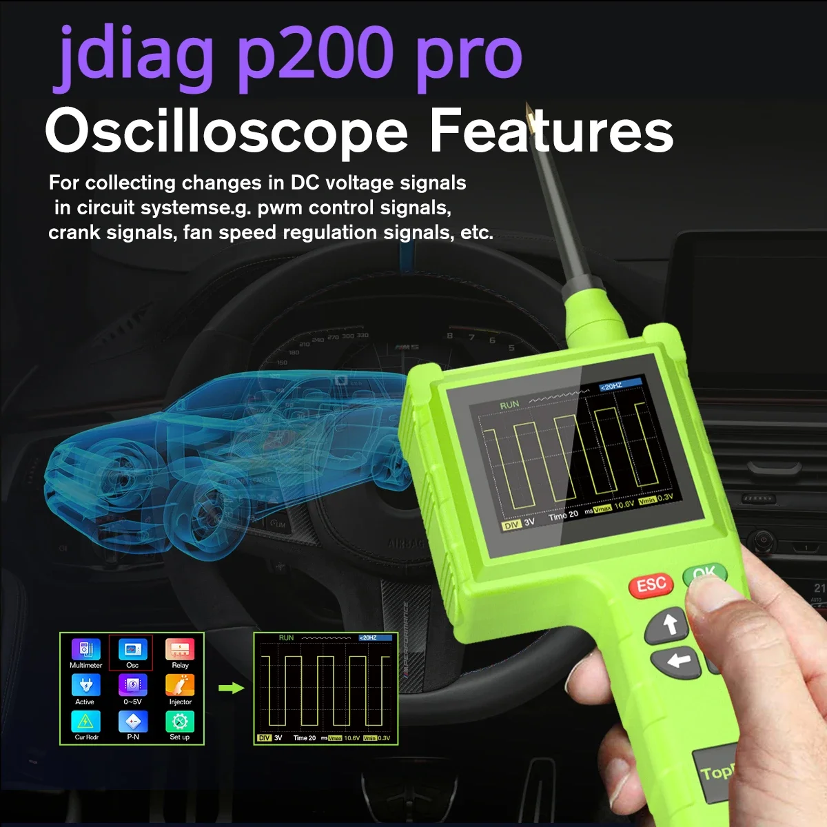 jDiag P200 Pro Automotive Circuit Tester 12V 24V Power Circuit Probe Kit Car Voltage Resistance Relay Tester Diagnostic Tool