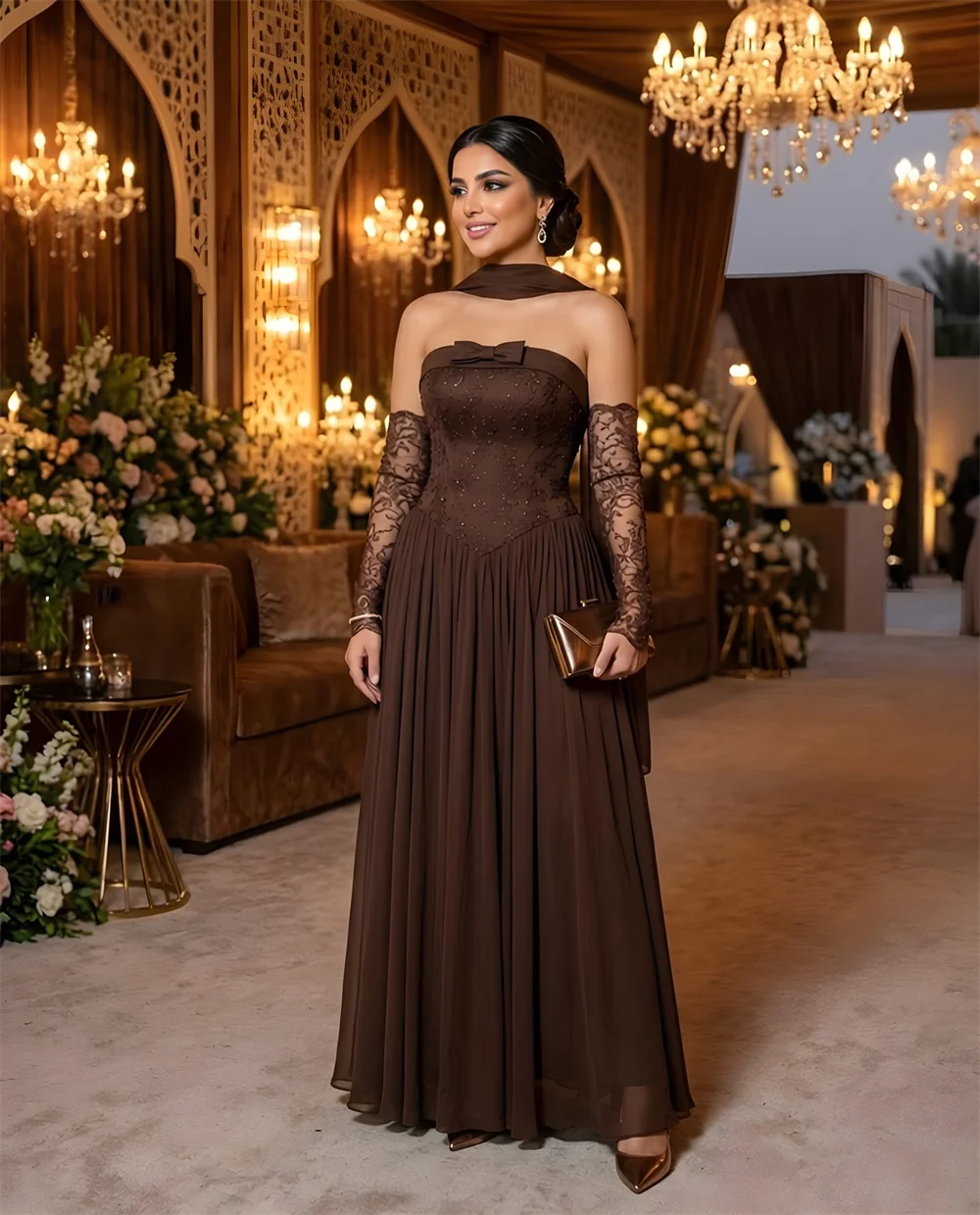 

Customized Brown Jersey Pleat Bow Beading Sequined A-line Strapless Floor-Length Evening Dresses Sizes Available for Woman