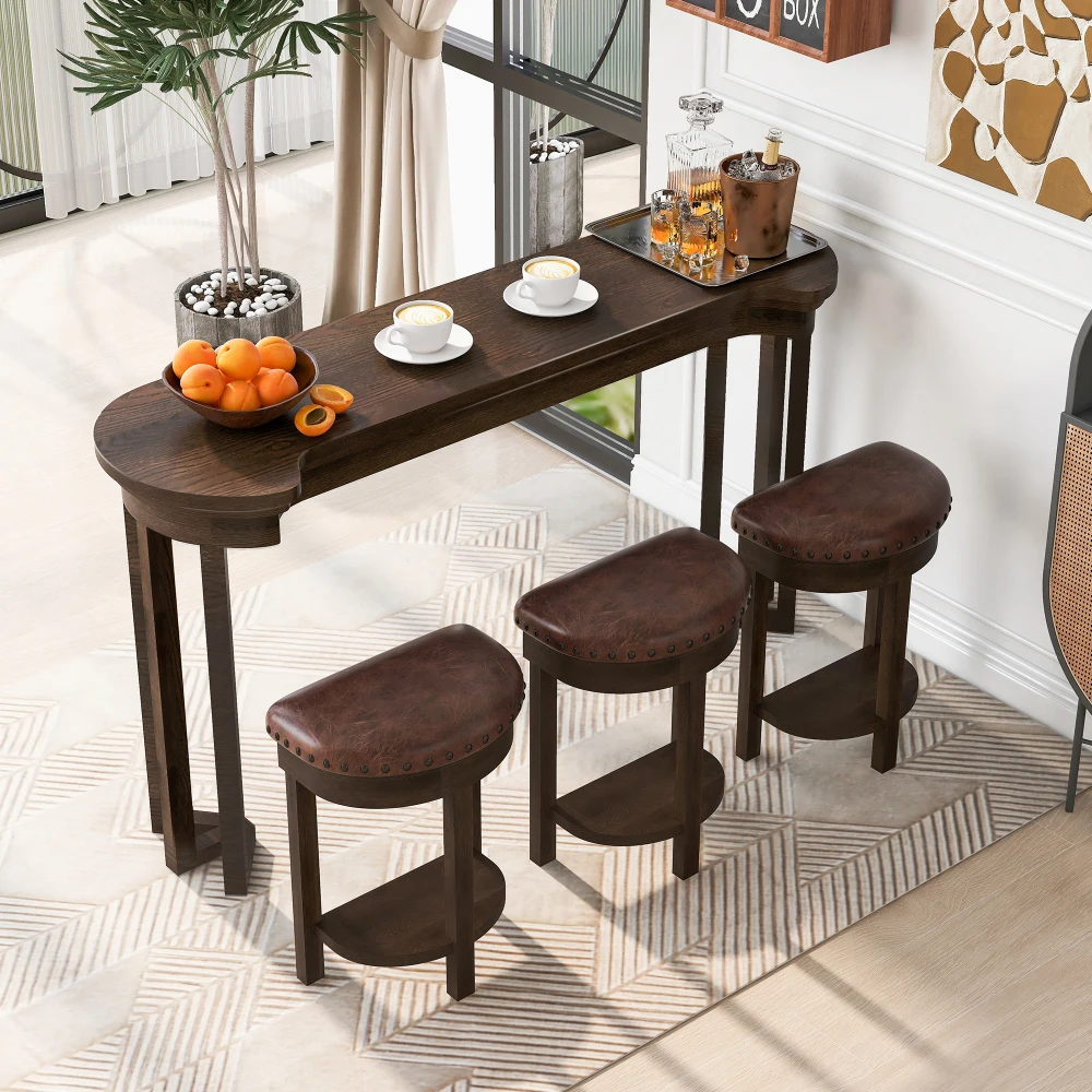 4-Piece Solid Wood Counter Height Table Set with 3 PU Stools for Living/Dining Room, Espresso