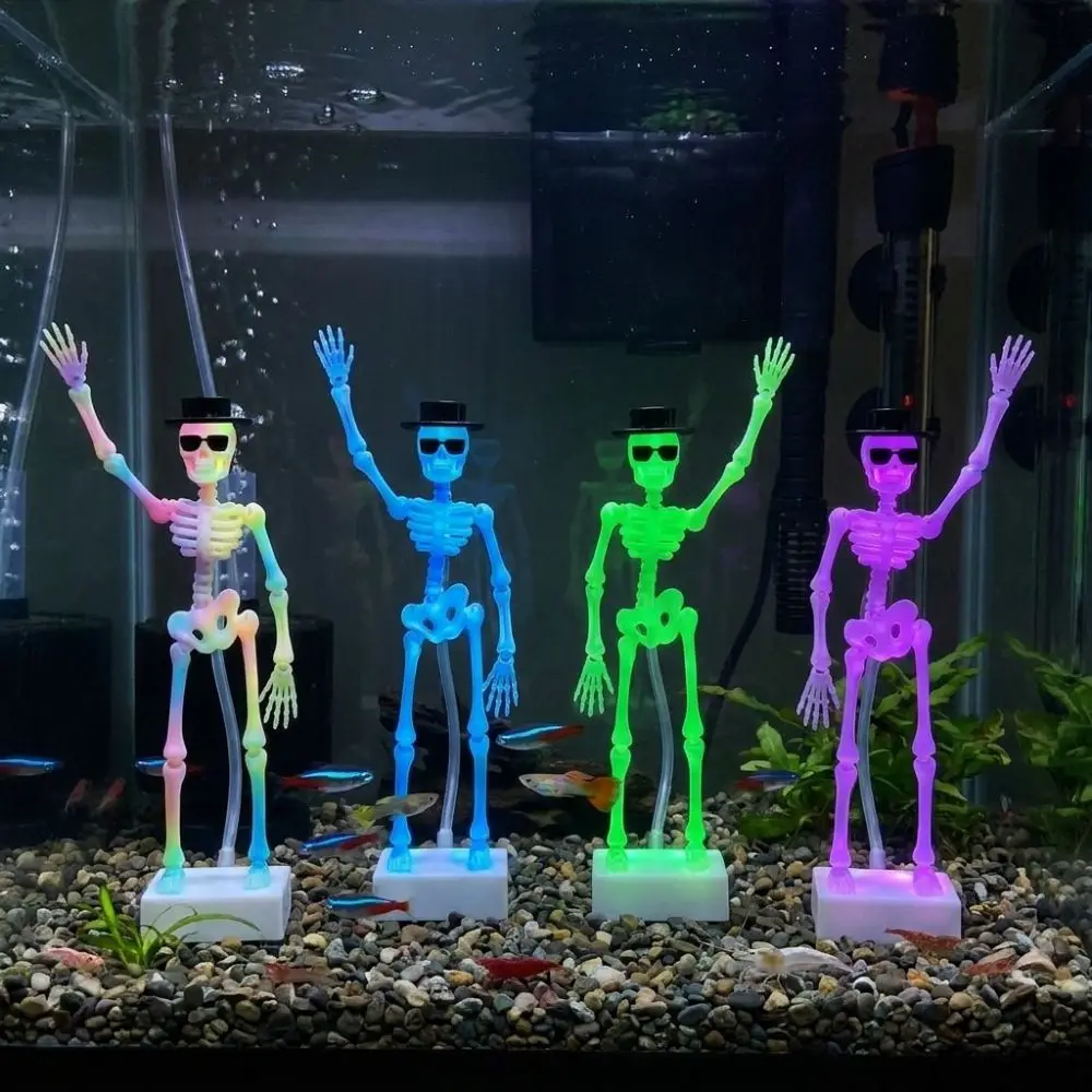 3D Printed Dancing Skeleton Aquarium Bubbler Wear Hat Sunglasses Plastic Dynamic Skeleton Bubbler Gothic Air Driven