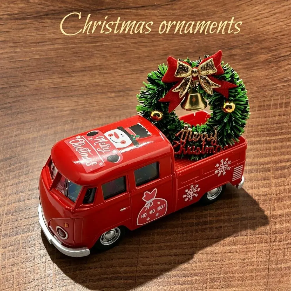 Mini Bus+Christmas Wrea 2-piece Ornament Set; a Good Thing for Home Atmosphere Decoration; Living Room and Office Desk Ornamen