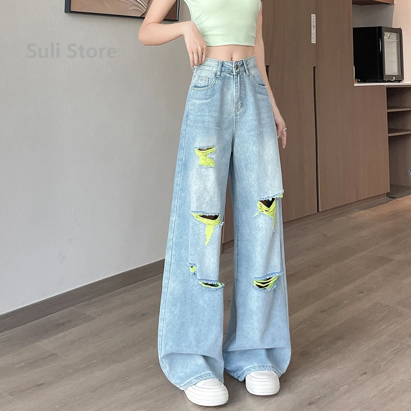 

Painted Color Ripped Design Casual Jeans Women's Summer New High Waist Loose and Thin Versatile Straight Wide-leg Pants