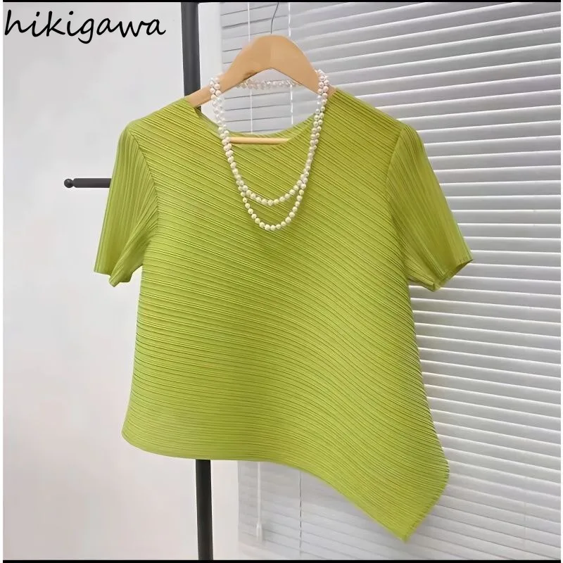 Summer Blouse Women Clothing Short Sleeve O-neck Folds Shirts 2024 Blusas Mujer De Moda Korean Vintage Loose Solid Color Tops