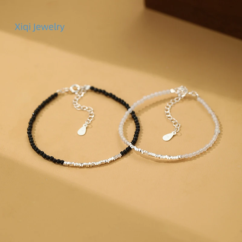 

Xiqi Jewelry S999 Pure Silver Agate Couple Bracelet Retro Pop Crystal Beads Versatile Temperament Gift Jewelry