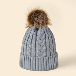 Women's New Fashion Plush Ball Knit Hat Solid Color Single Layer Flapped Warm Knit Hat Best Gift