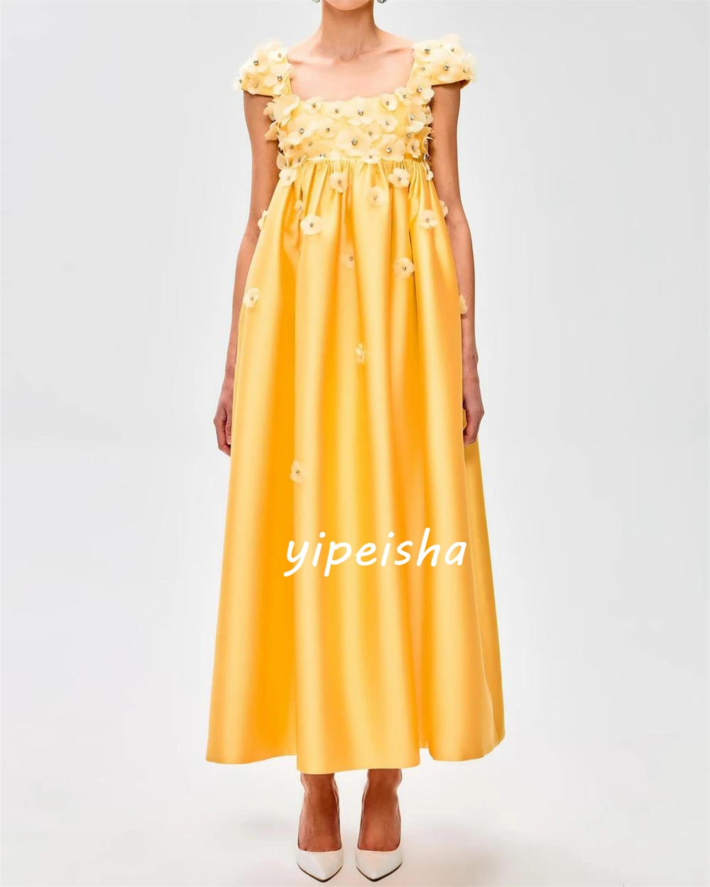 Jersey Flower Graduation A-line Square Neck Bespoke Occasion Gown Midi Dresses