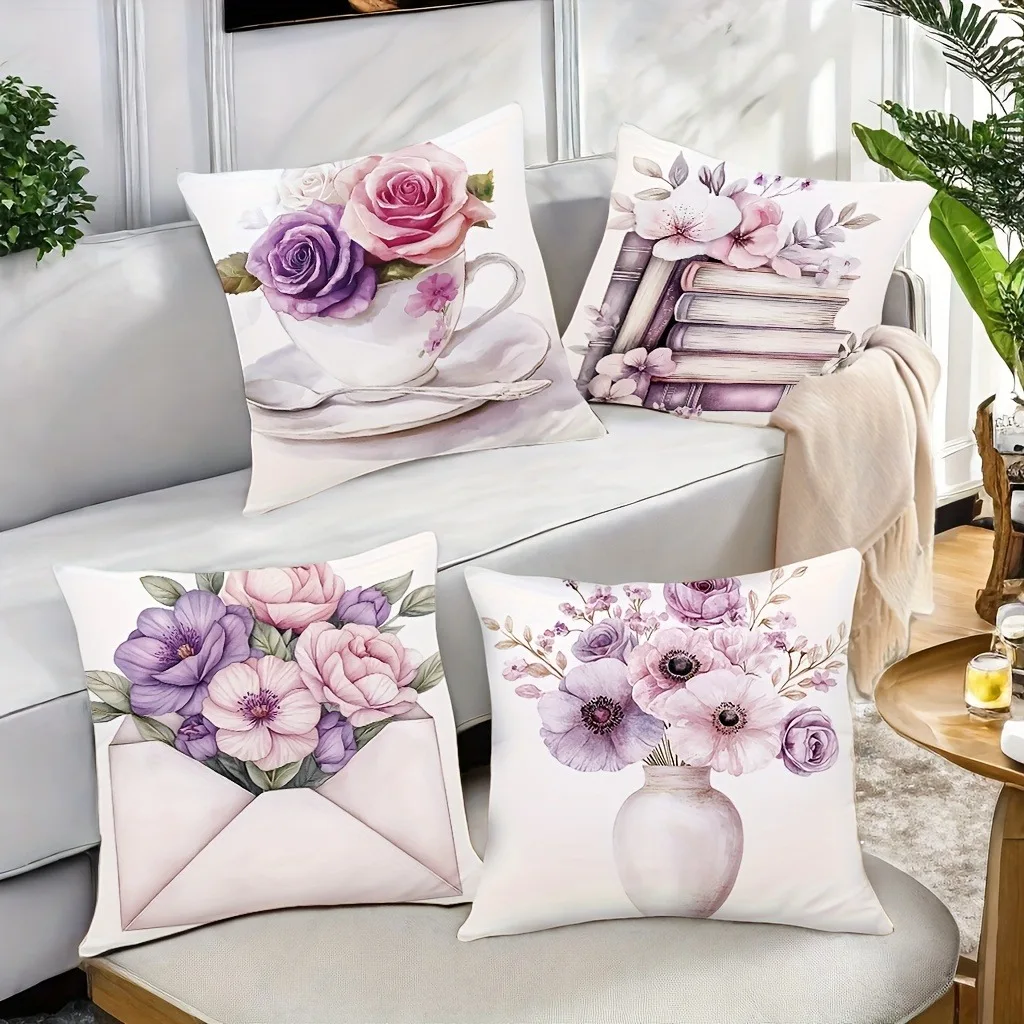 Vase, rose and book element print pillowcase home decoration pillowcase bedroom living room polyester cushion cover