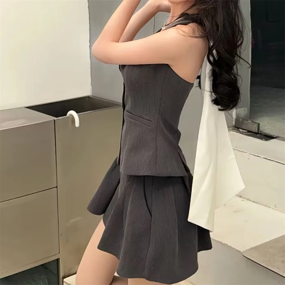 PB&ZA 2024 Spring New Women\'s Style Slim Fit Versatile Bow Decoration Open Back Hanging Neck Vest Pleated Half Skirt Set