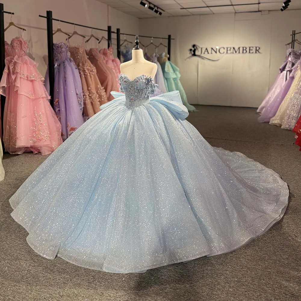 Quinceañera Dress Light Blue 3D Floral Beaded Sweetheart Off Shoulder Glitter Tulle Ball Gown Vestido de XV Años