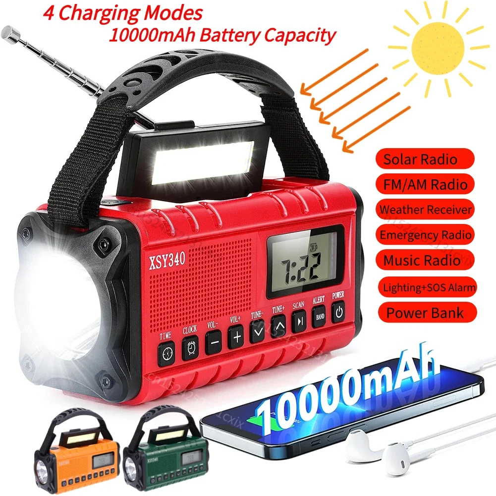 10000mAh Solar Hand Crank Radio FM AM WB NOAA Weather Radio USB Charging Emergency LED Flashlight Power Bank with 4-Mode Charge