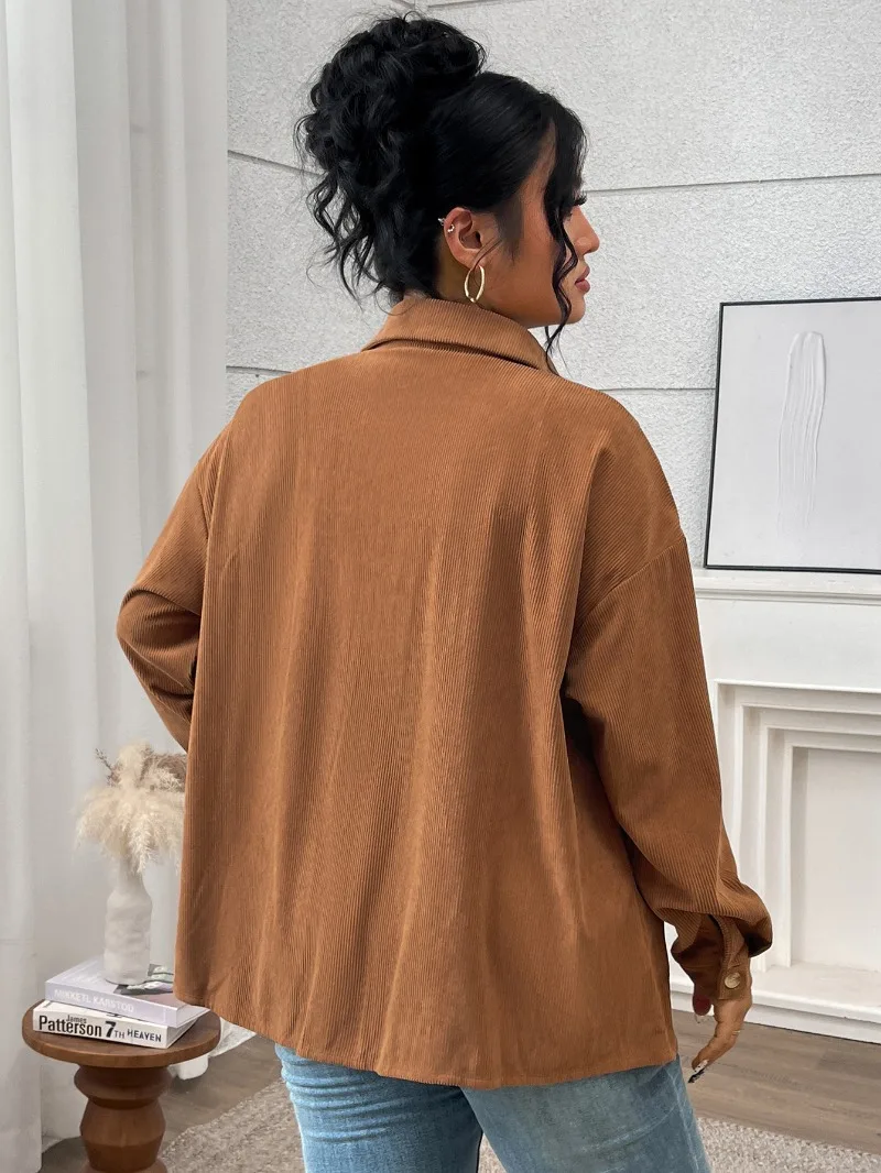 KEXU 2025 신상 가을 겨울 여성 셔츠 코트 플러스 사이즈 아우터 솔리드 컬러 라펠 코듀로이 캐주얼 재킷