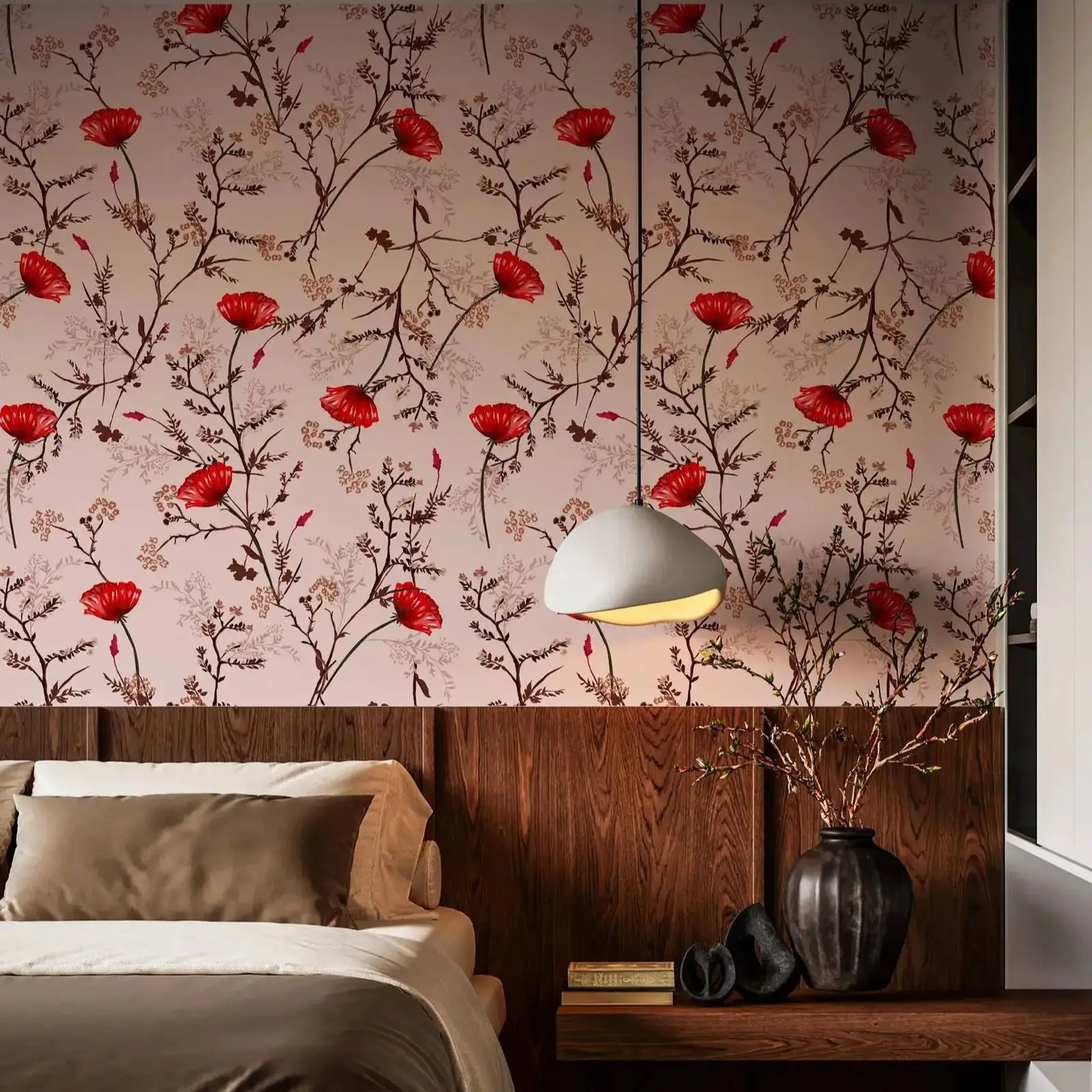 Blush Pink Floral Peel and Stick Wallpaper,Red Poppies and Delicate Branches Wall Mural Home Decor,Self-adhesive Or Traditional