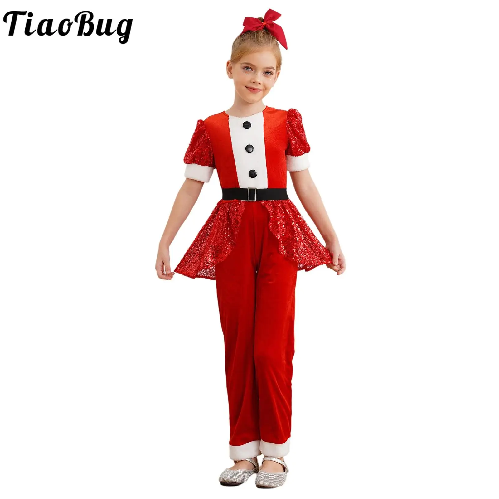 Girls Christmas Dance Costume Short Sleeve Sequins Velvet Peplum Jumpsuit with Belt Festival Party Stage Performance Dancewear