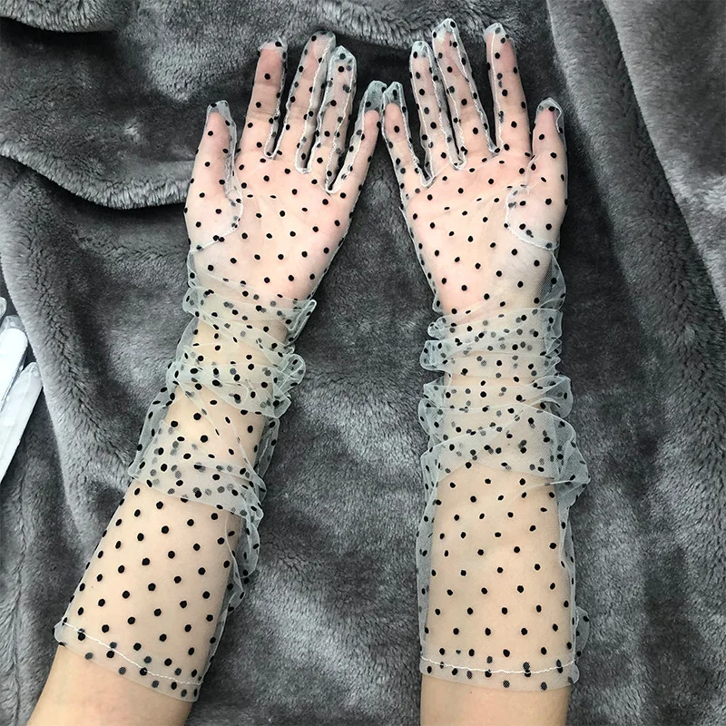 1 Pair Vintage Polka Dot Women Short Tulle Gloves Stretchy Lace Spots Full Finger Mittens Lace Sunscreen Gloves Wedding Gloves