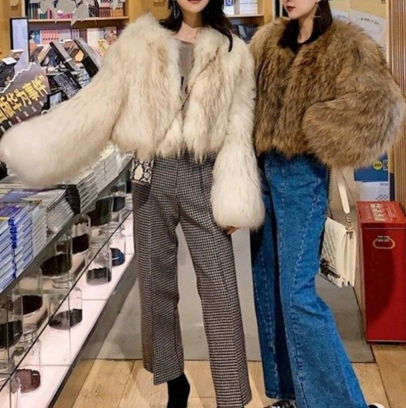 2023 Women Winter Faux Fox Fur Coat Korea Fashion Elegant Warm Coats Loose Outercoat Lady Party Club Outfits Casual White brown