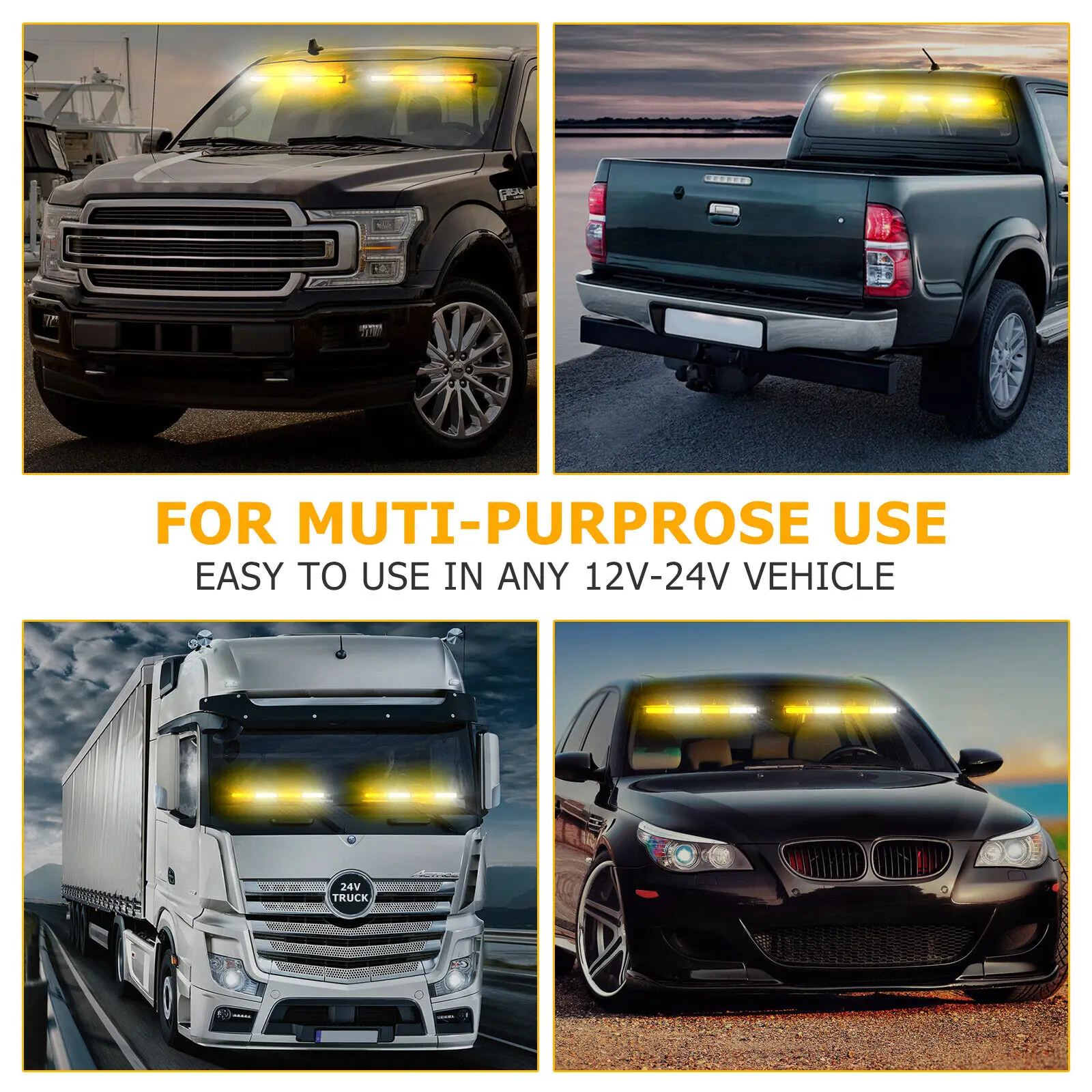 2 x White Yellow LED Windshield Strobe Light Emergency Flash Warning Lamp Memory