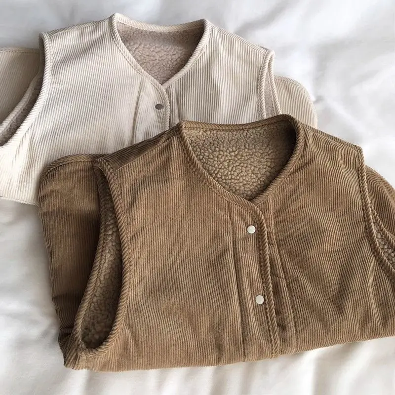

Women Waistcoat Retro Corduroy Corduroy Patchwork Lambwool Sleeveless Single Breasted Button Coat Two-way Wear Warm Pockets Vest