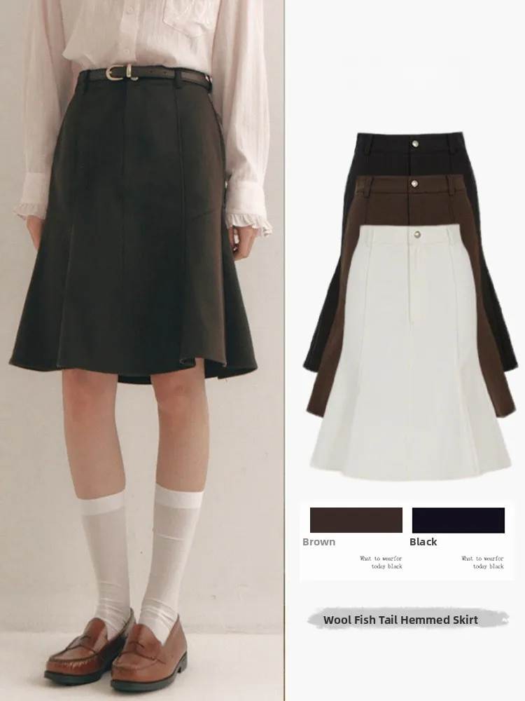 

High Waist Winter Woolen Skirt Women's A-Line Fish Tail Short Skirts Commute Warmth Polyester Fiber High Waist Style