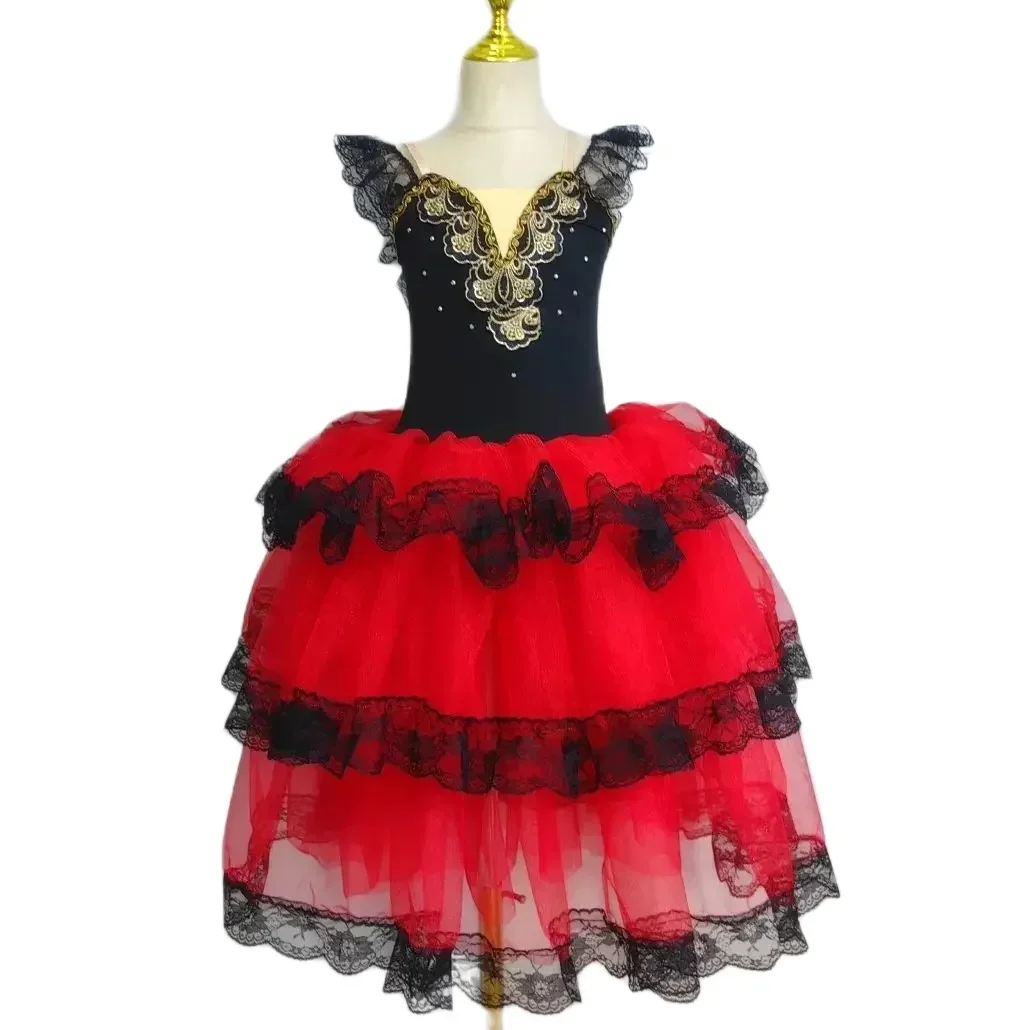 Professional Spainish Red Long Skirt Black Red Adult Children\'s Ballet Performance Dress