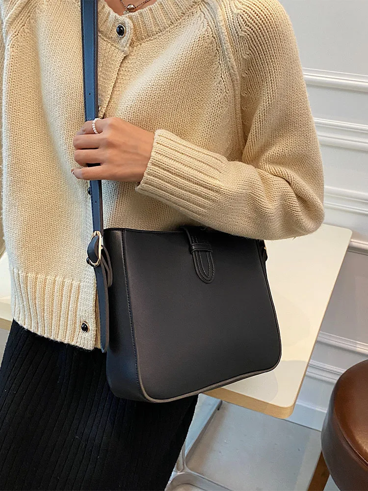 New Elegant Fashion Women Bucket Bag Large Capacity PU Leather All-match Shoulder Bags Ladies Texture Solid Color Handbag