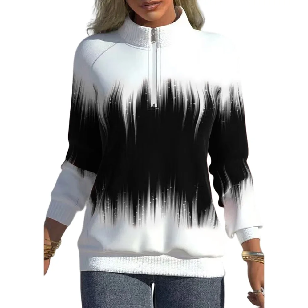 

2025 Spring Autumn Women's Sweatshirt Fashion Casual Coat Gradient Printed Collar Long Sleeve Half High Neck Zipper Pullover
