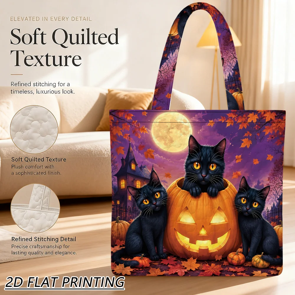 1pc Three cats pumpkin night Quilted Women'S Shoulder Bag, Practical Durable Handbag For Teacher Gifts, Daily Commute