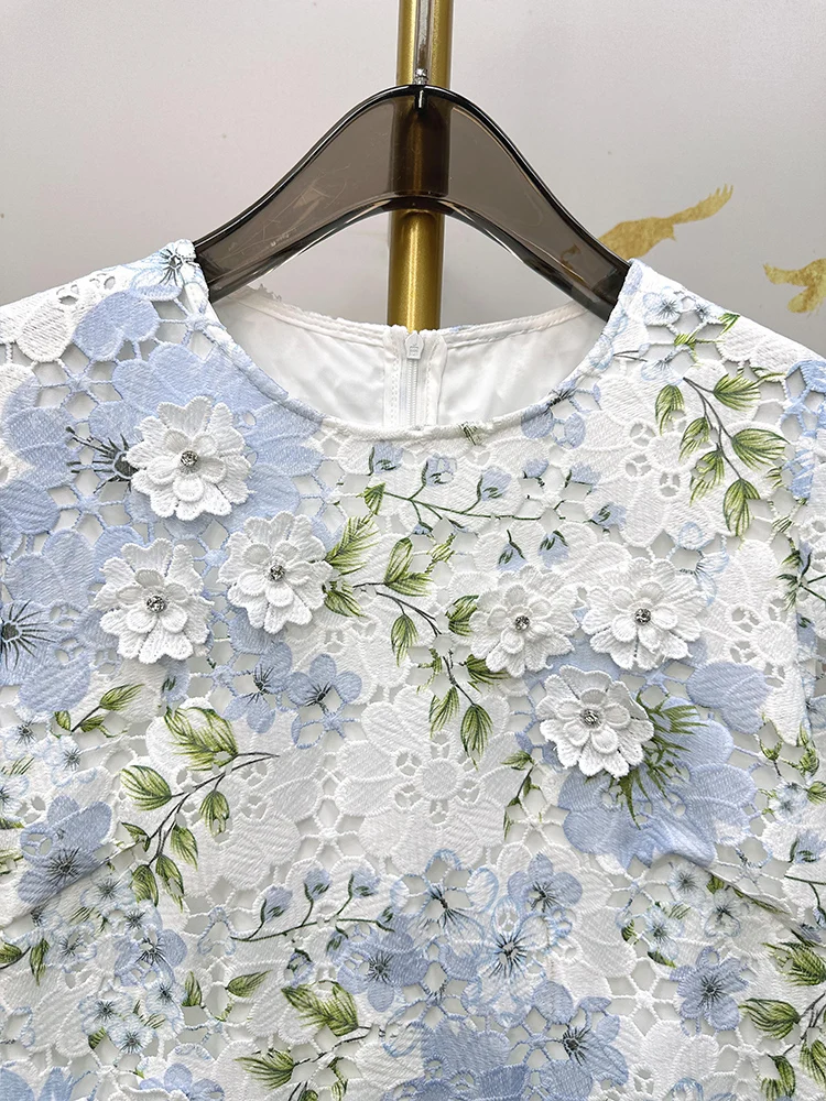 

Small Fresh High Quality Elegant Hollow Out Lace Short Sleeve Dress Spring Summer Three-dimensional Flowers Beads A-line Dress