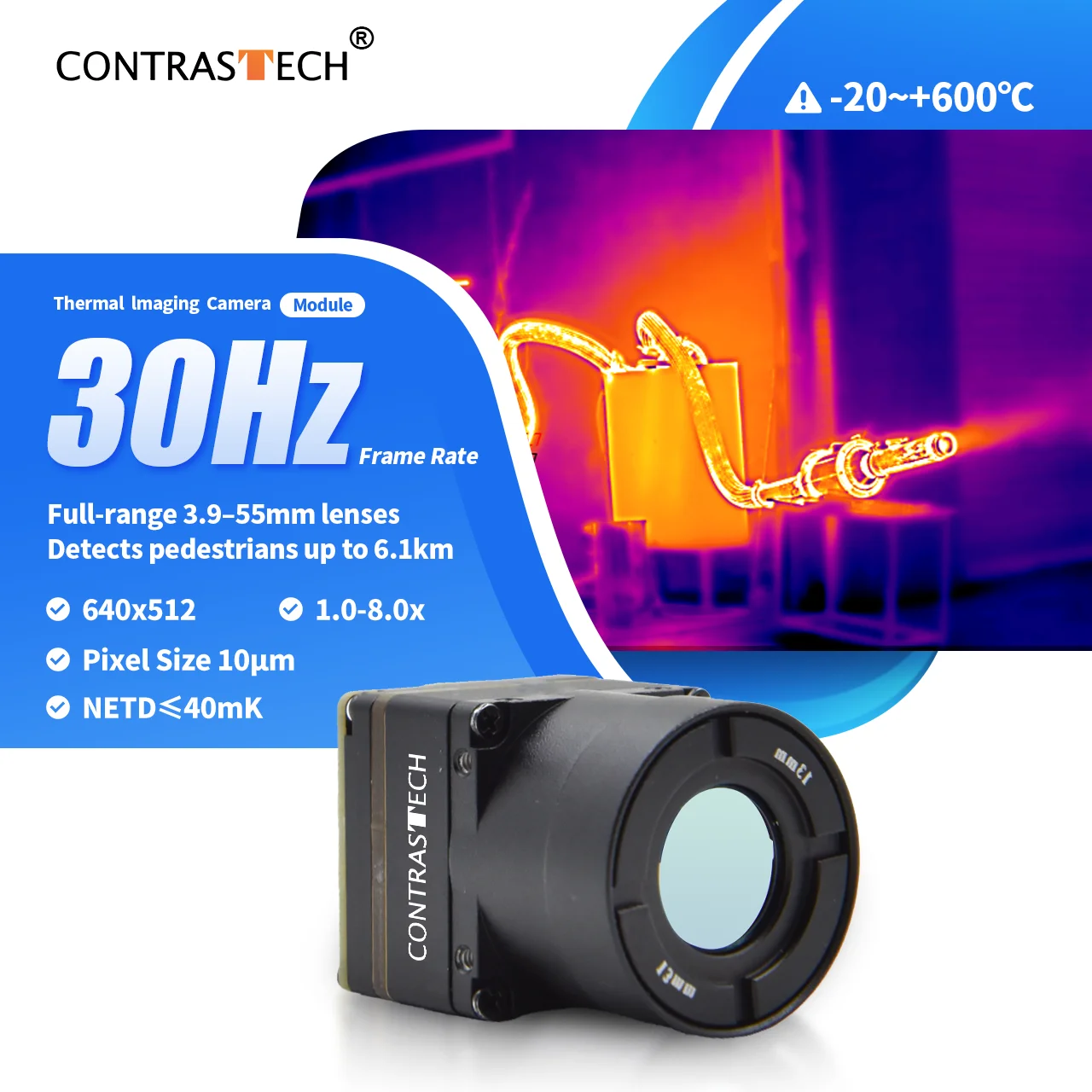 Low Power 1.0-8.0x Shutterless Thermal Infrared Camera Module 640x512 10μm 11mm Lens Radiometric Uncooled CMOS Sensor 30/60Hz
