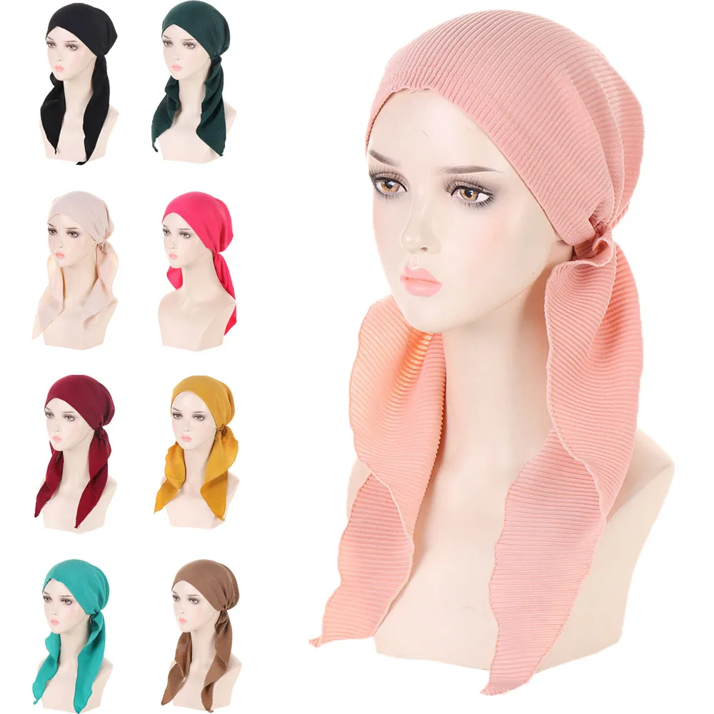 New Muslim Women Pre-Tied Headscarf Cap Female Turban Cancer Chemo Hat Hair Loss Cover Head Wrap Headwear Stretch Bandanas Hijab