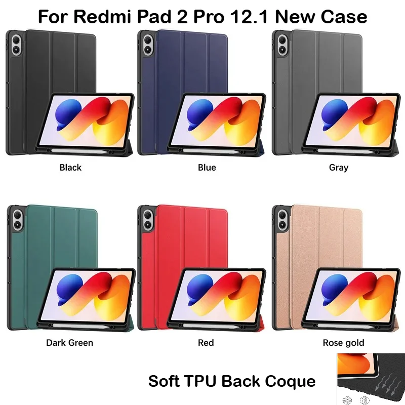 PU Leather Smart Case for Redmi Pad 2 Pro 12.1 Inch Tablet Case with Pencil Holder Slim Flip Book Cover with Soft TPU Back Funda