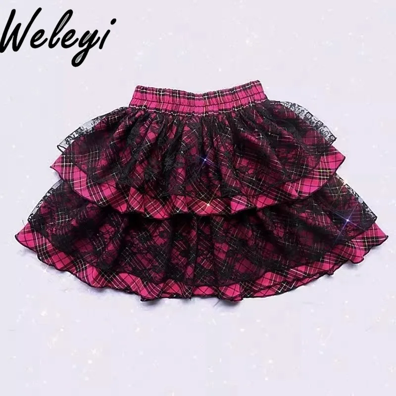 Y2k Korean Style Cake Skirt Kawaii Harajuku Yabi Style Culture Plaid Cool Earth Hot Girl Lace Punk Half Length Puffy Short Skirt arch enemy earth lp