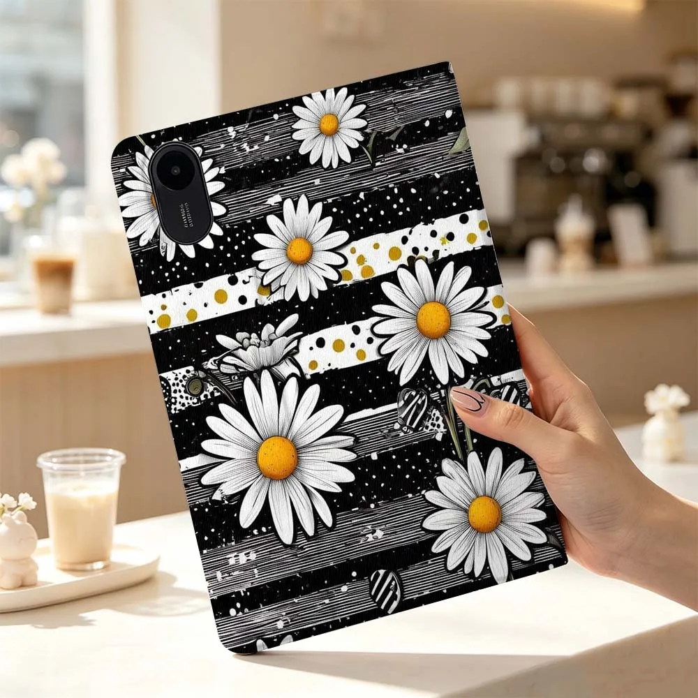 White Daisy Black Background Fashion For Xiaomi Poco Redmi Pad 8 2 4 5 6 6S 7 7S SE Pro Max 14 11 8.7 11.2 12.5 Inch Tablet Case