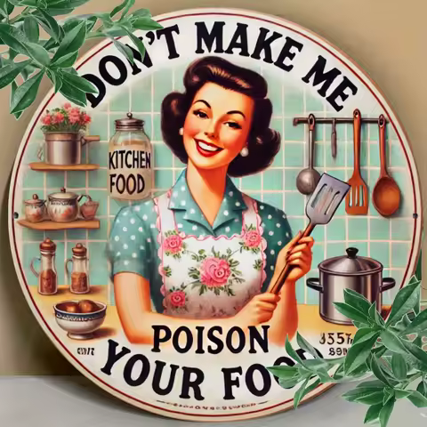 Sinal de metal redondo vintage "Don't Let Me Poison Your Food" - 7,8 x 7,8 polegadas Decoração de parede de cozinha retrô com encantador ilusão de meados do século