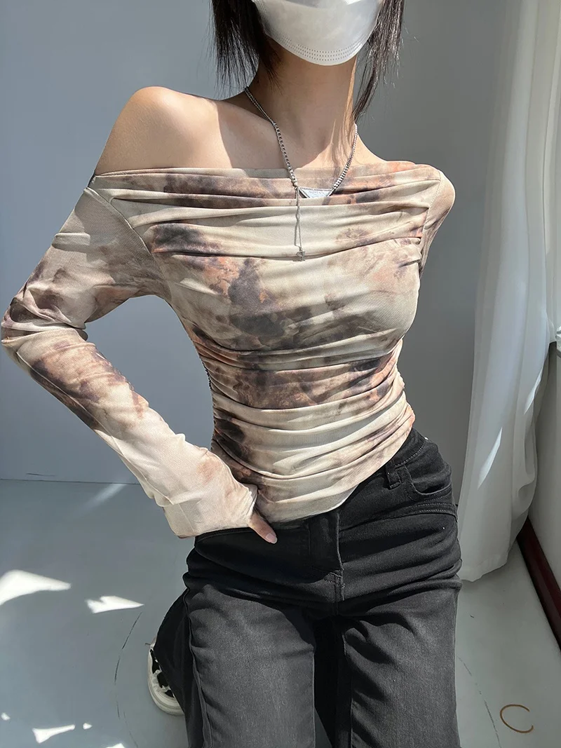 Sexy Shoulder Bared Long Sleeve Tie Dye Mesh One Shoulder T-Shirt Women's Spring Autumn Slim Fit Top Floral Print Polyester S...