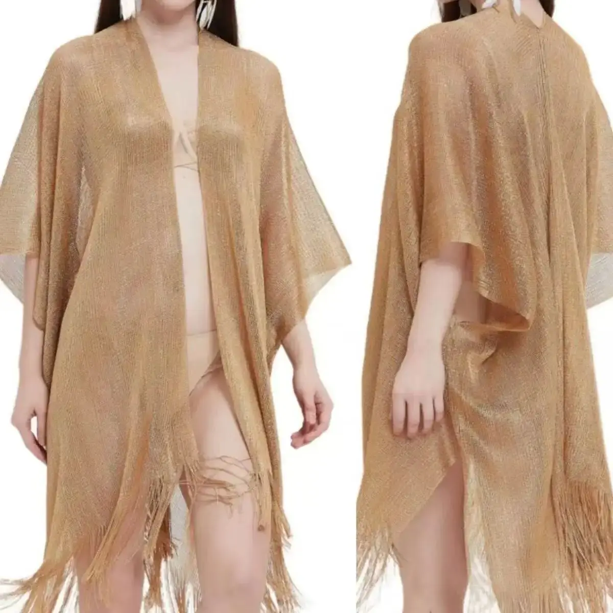 Damska seksowna tunika z frędzlami, siateczki, przezroczysta, błyszcząca, dzianinowa, narzutka plażowa, sukienka plażowa, odzież plażowa, damska