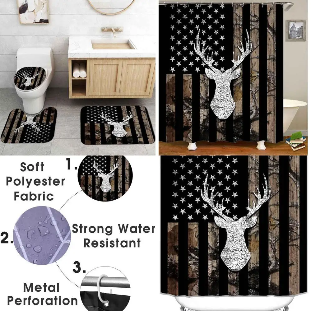 

4-Piece Camouflage Shower Curtain Set with Black American Flag and Wildlife Theme, Perfect for Rustic Cabin Bathroom Decor, Non-
