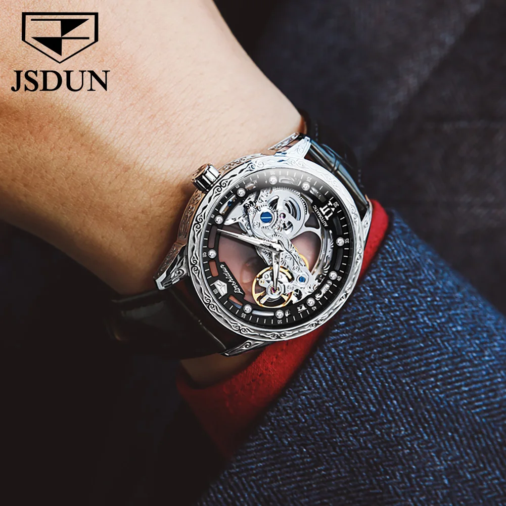 JSDUN New High Quality Men\'s Watches Original Skeleton Automatic Mechanical Wrist Watch Men Casual Fashion Leather Watch for Men