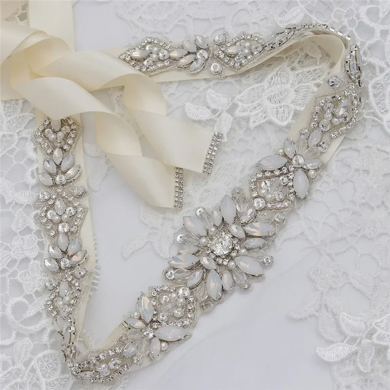 Jonnafe Fashion Opal Crystal Bridal Sash Pearls Wedding Dress Waistband Silver Color Dress Belt Accessories
