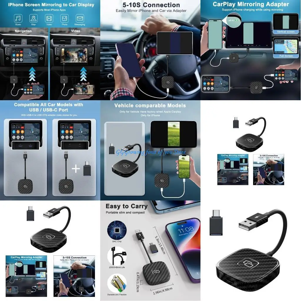 

H9EB Portable Carplays Wires Adapter & Mirror Your Phone to Your Car Display