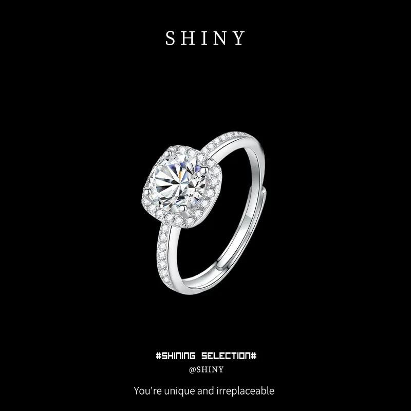 Sterling Silver Adjustable Open Band Ring Featuring Brilliant 1 Carat Moissanite Center Stone in Square Baguette Cut With Minima