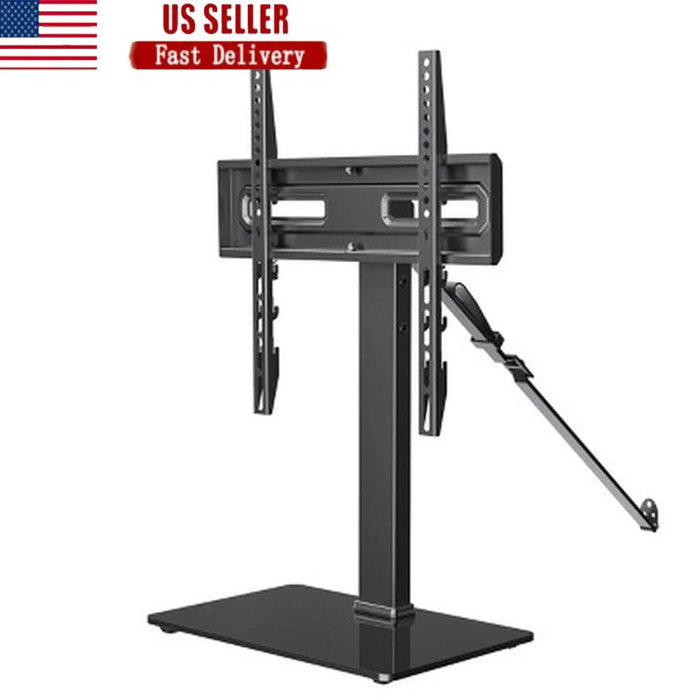 

Adjustable Height Swiveling Tabletop TV Stand 32 to 65 Inch TVs with Tempered Glass Base and Safety Strap