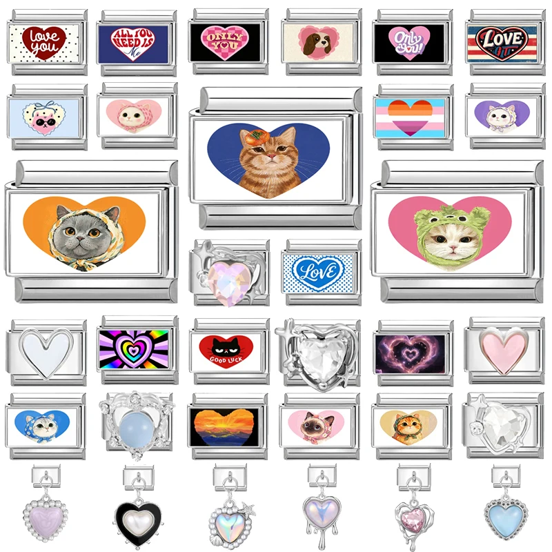Sweet Colorful Heart Background Cute Cat Charm Italian Links Fit 9mm Bracelet Stainless Steel Women Men Making DIY Jewelry Gifts