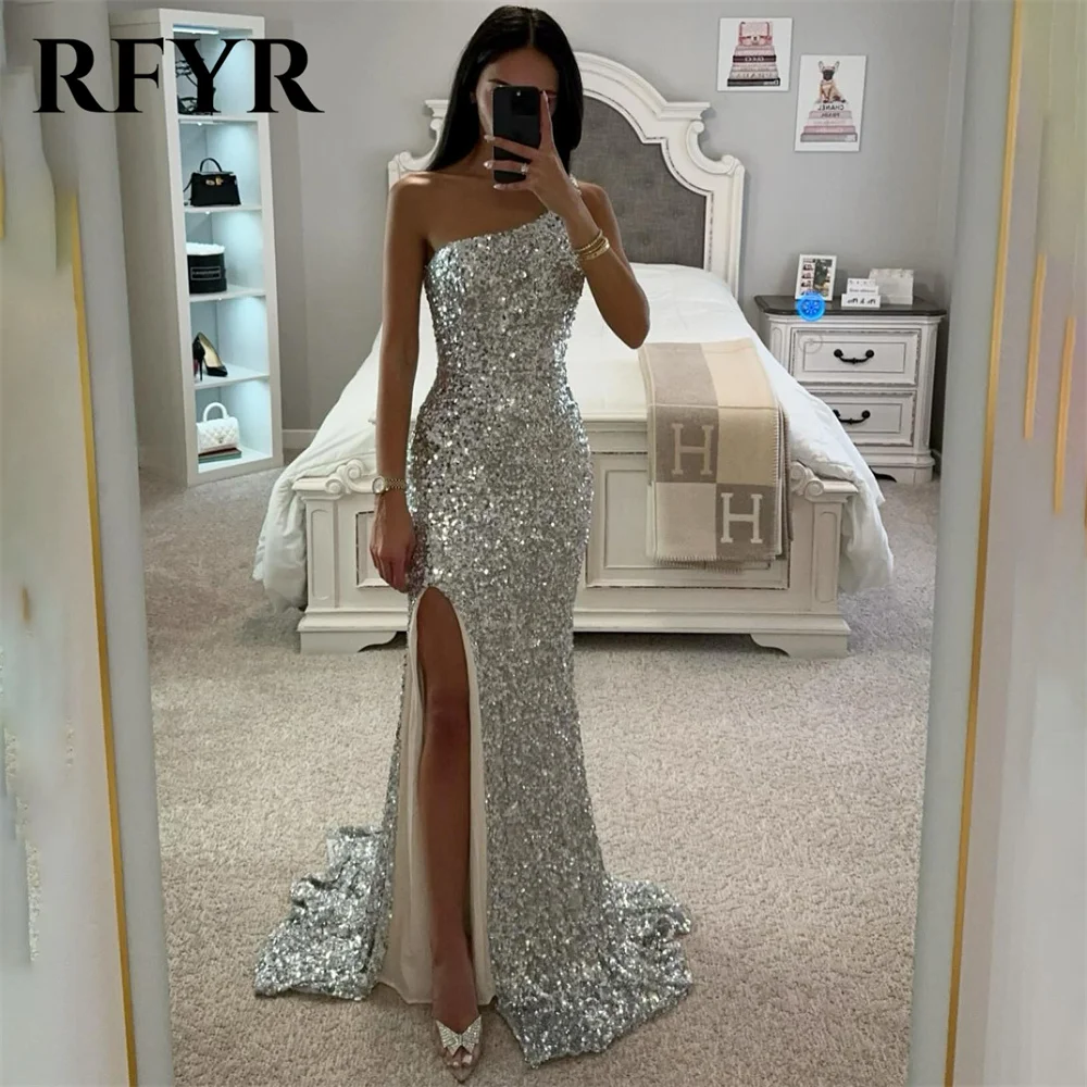 RFYR-Prata Prom Dress com pregas, um ombro, trompete Split Vestido, vestido de festa sem mangas, lantejoulas de luxo