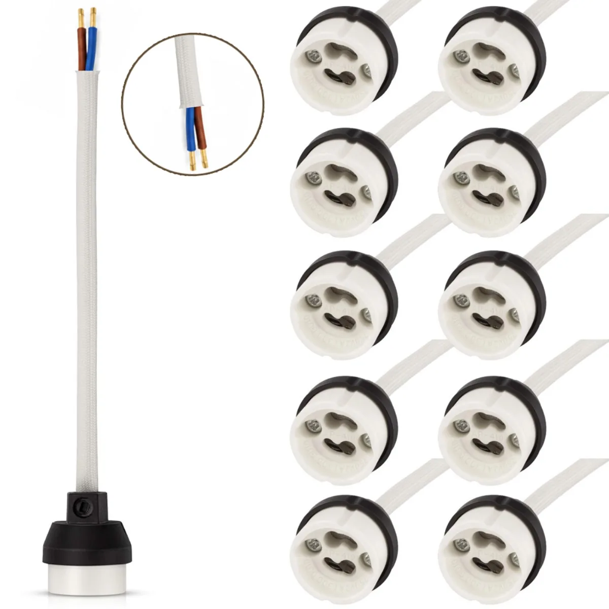 JOYINLED GU10 Ceramic Lamp Socket Holder with 15cm Wire Connector Heat Resistant Porcelain Base for LED Halogen Spotlight Bulbs