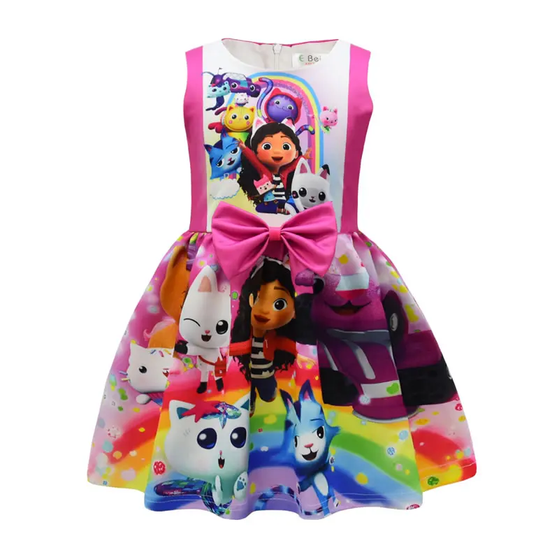 Gabby\'s Dollhouse Costume For Baby Girl Dress Gabby Doll House Summer Kid Up Print Bow Party Princess Frock Child Tunic Cloth