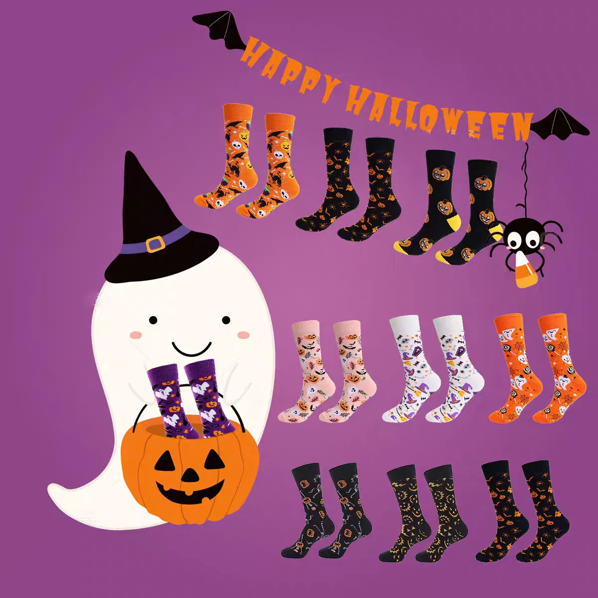 1 para jesienno-zimowych nowych męskich skarpet na Halloween z motywem czaszki, kosmita, damskie skarpetki z dynią, skarpetki tubowe z potworami