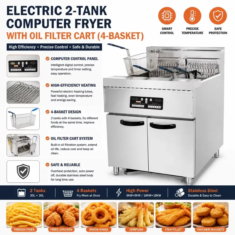 Commercial Electric Deep Fryer 2 Tank 4 Basket with Oil Filtration System for Restaurant Catering Kitchen Equipment Heavy