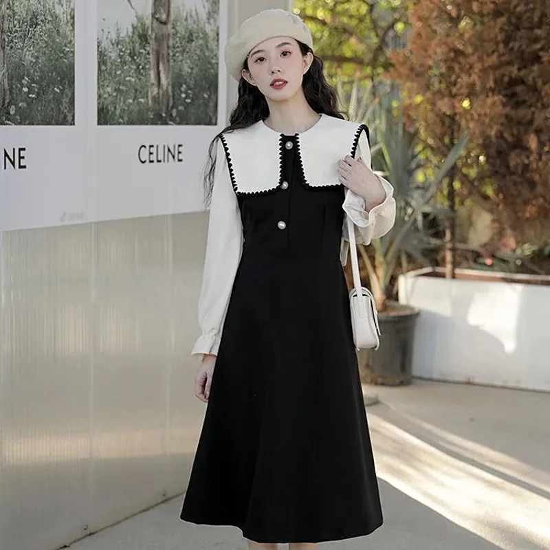 

Spring Autumn Doll Collar Fashion Long Sleeve Midi Dress Women High Street Casual Slim Fake Two Pieces Corduroy Chic Vestidos