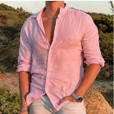 

2022 Men's Casual Long Sleeve Shirt Street Wear Lapel Button Solid Color Cotton Linen Shirt for Men Vintage Vacation Blouse